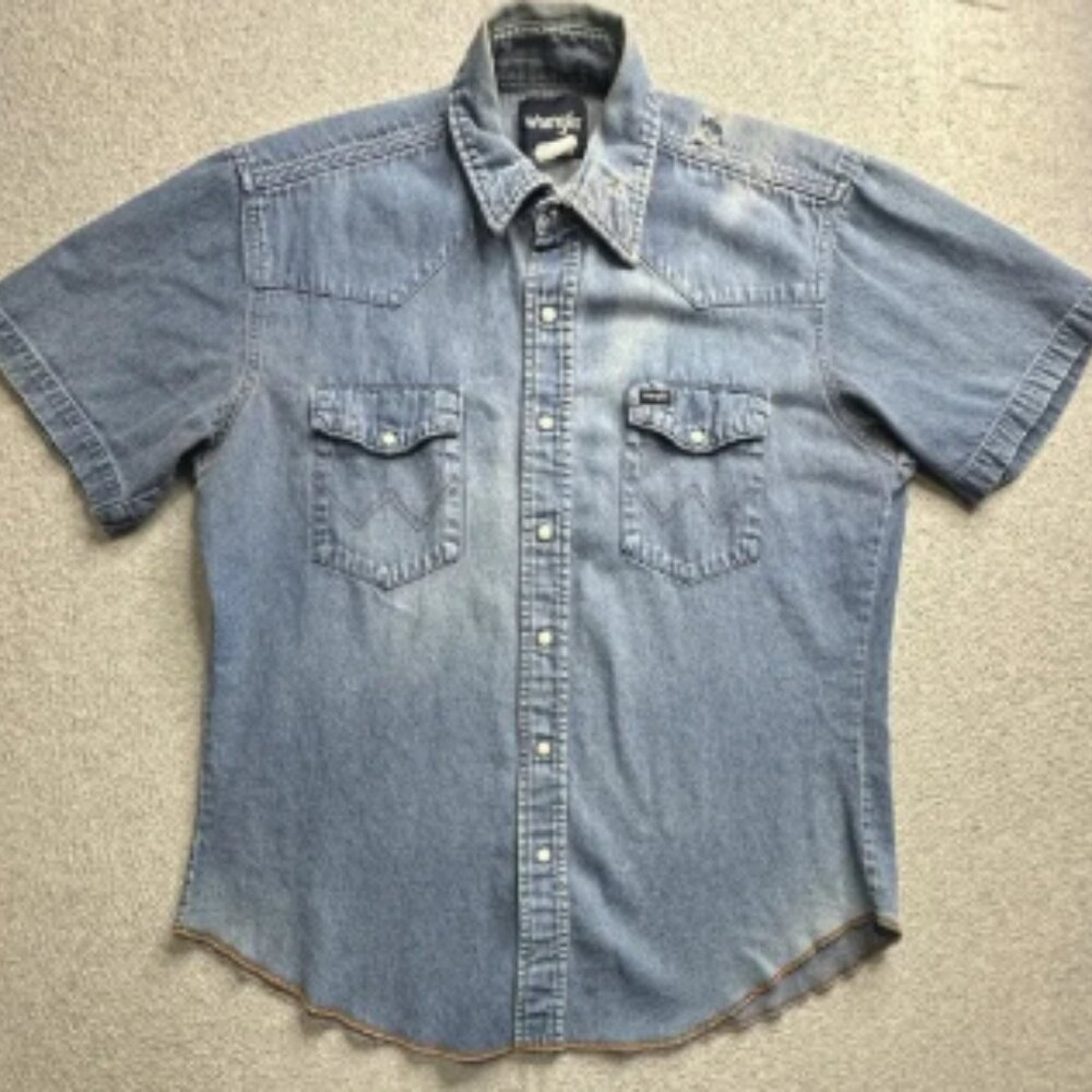 Vintage Wrangler Shirt Mens Large Blue Denim Pearl Snap Western Short Sleeve 90s